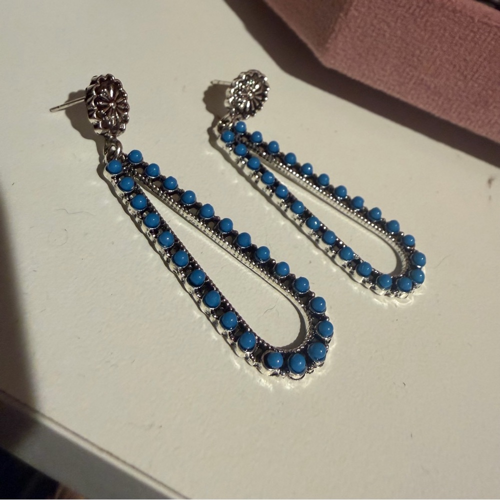 Blue Teardrop Dangle Earrings - Silver Tone